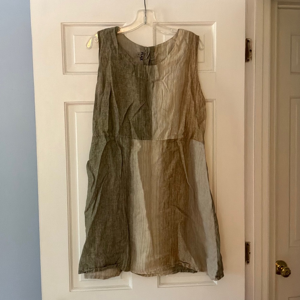 FLAX Sleeveless Linen Patchwork Dress Lagenlook Boho Neutral Earthy L 14 16 18